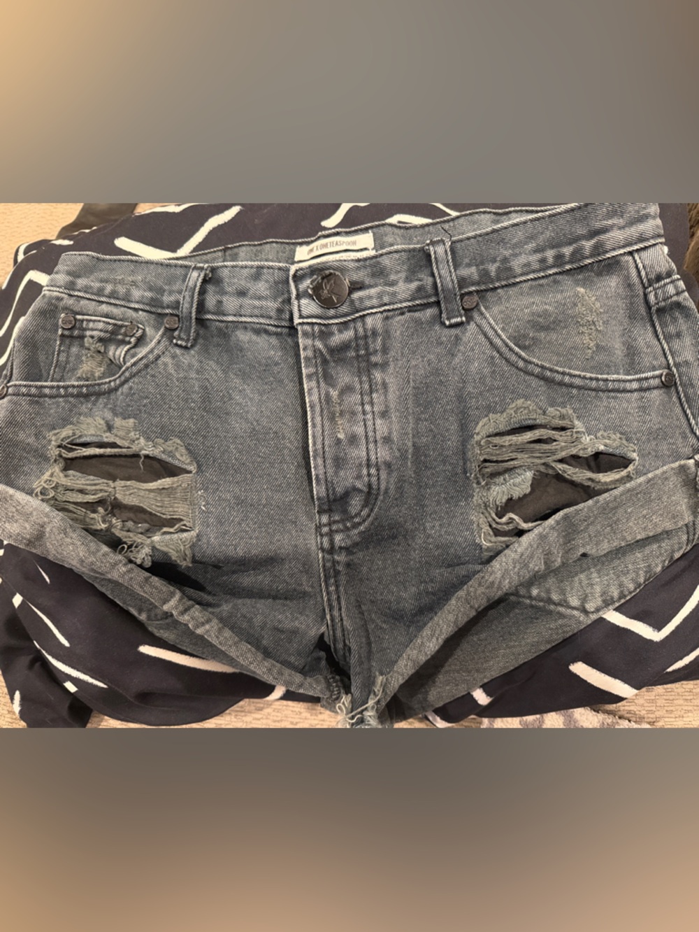One Teaspoon Black Stonewashed Distressed Denim Jean Shorts